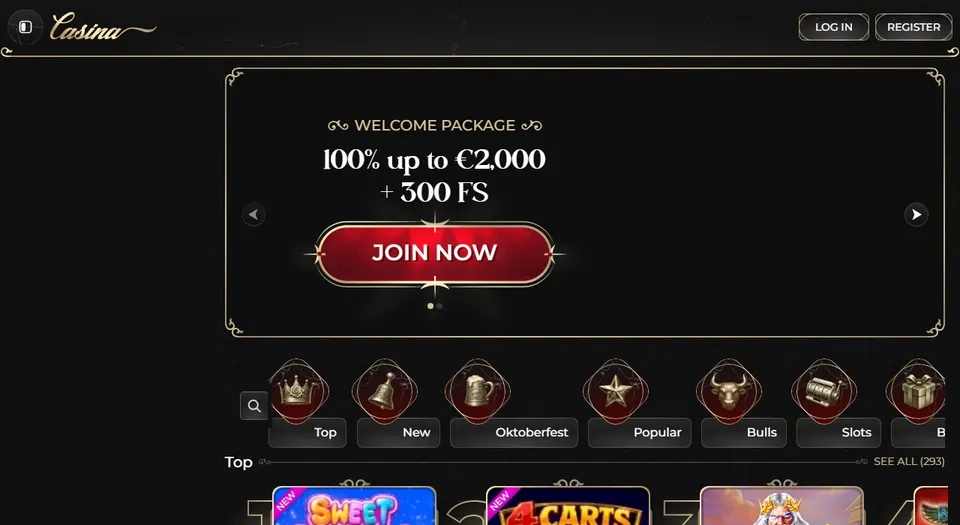 Homepage di Casina, piattaforma di gioco con ricarica in criptovalute