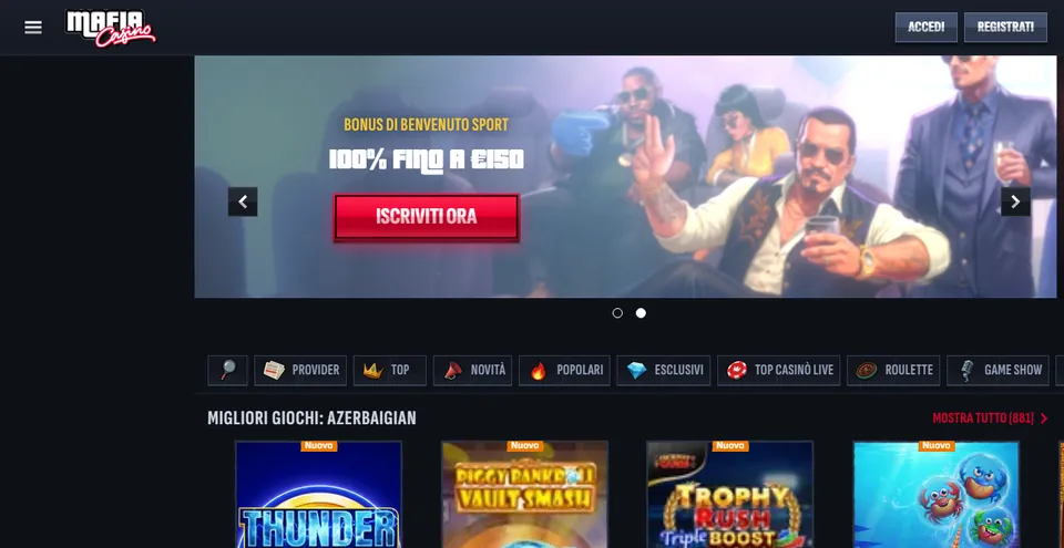 Homepage di Mafia Casino, piattaforma di gioco con ricarica in criptovalute