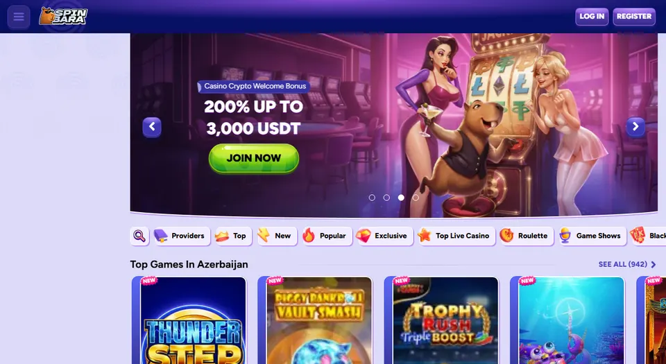 Homepage di Spinbara, piattaforma di gioco con ricarica in criptovalute