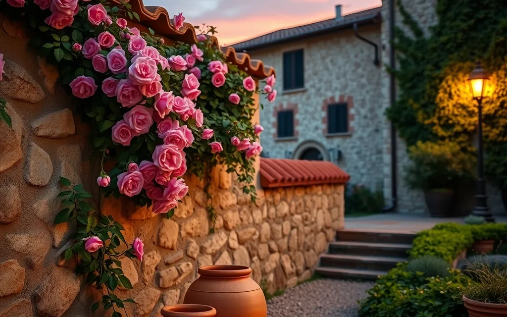 Giardino di una villa italiana con rose al tramonto
